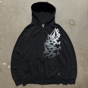 Vintage Volcom Hoodie Men XL Black Full Zip Jacket Y2K Skater Cyber Punk